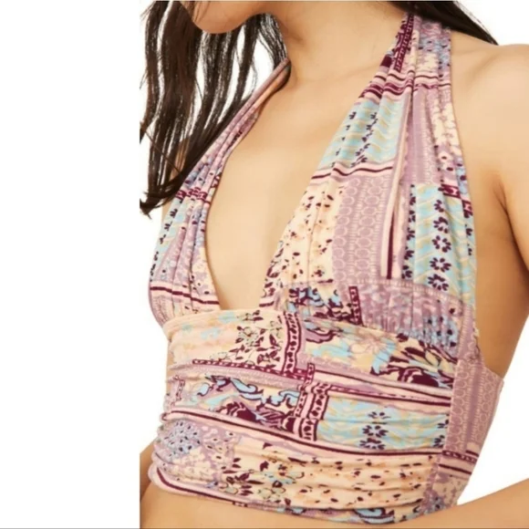Free People Printed Heather Halter Top In Lilac Combo Size M - Picture 3 of 17